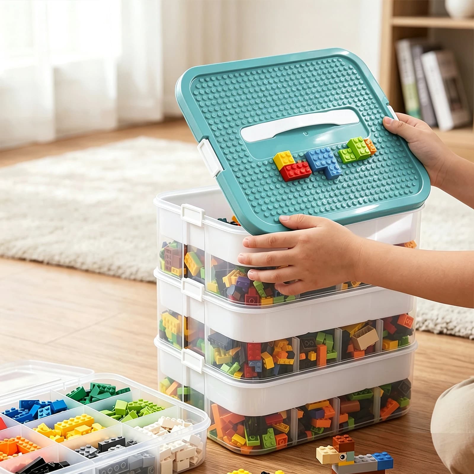 Pudełko na klocki, 3-warstwowe. Pojemnik na klocki Lego, puzzle