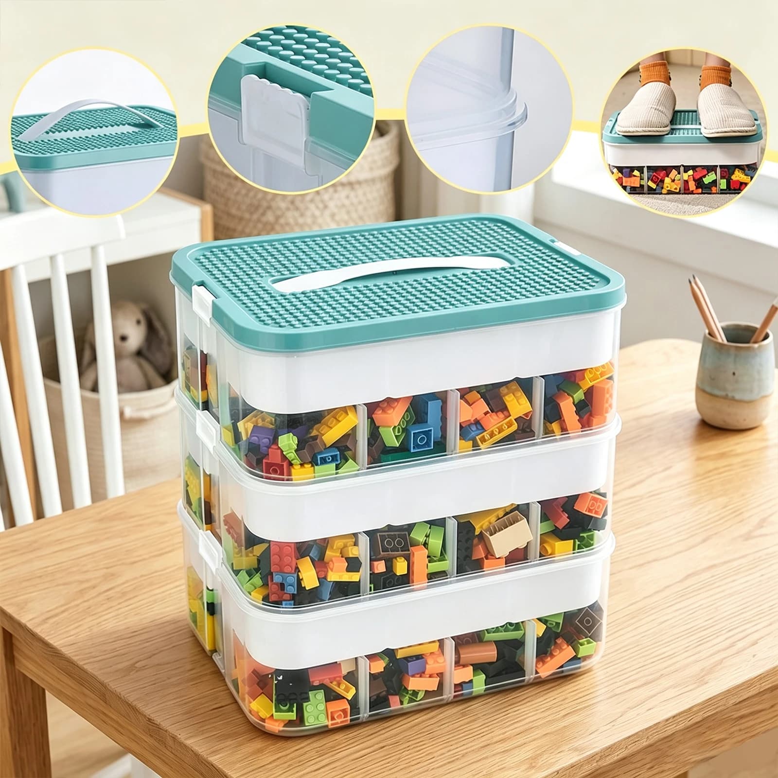 Pudełko na klocki, 3-warstwowe. Pojemnik na klocki Lego, puzzle
