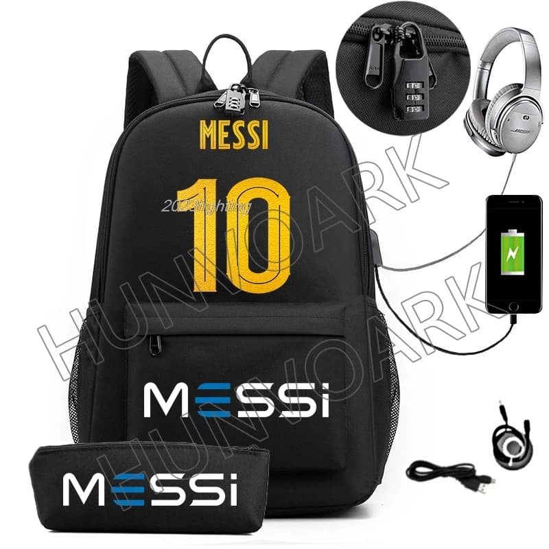 Plecak+Piórnik 2w1 z logiem LEO MESSI,  z wyjściem na kabel USB