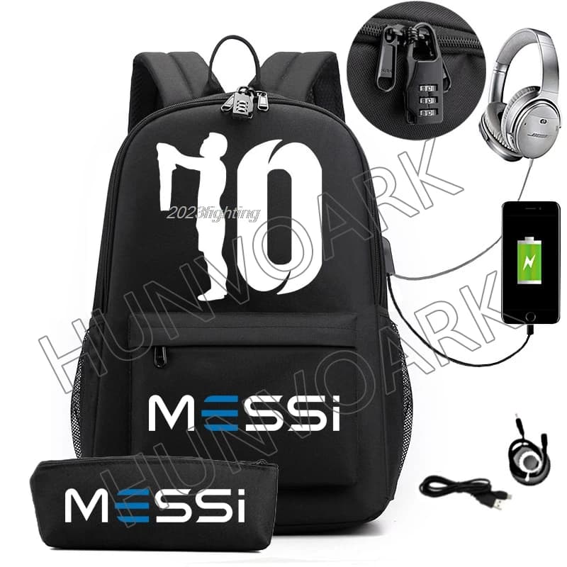 Plecak+Piórnik 2w1 z logiem LEO MESSI,  z wyjściem na kabel USB